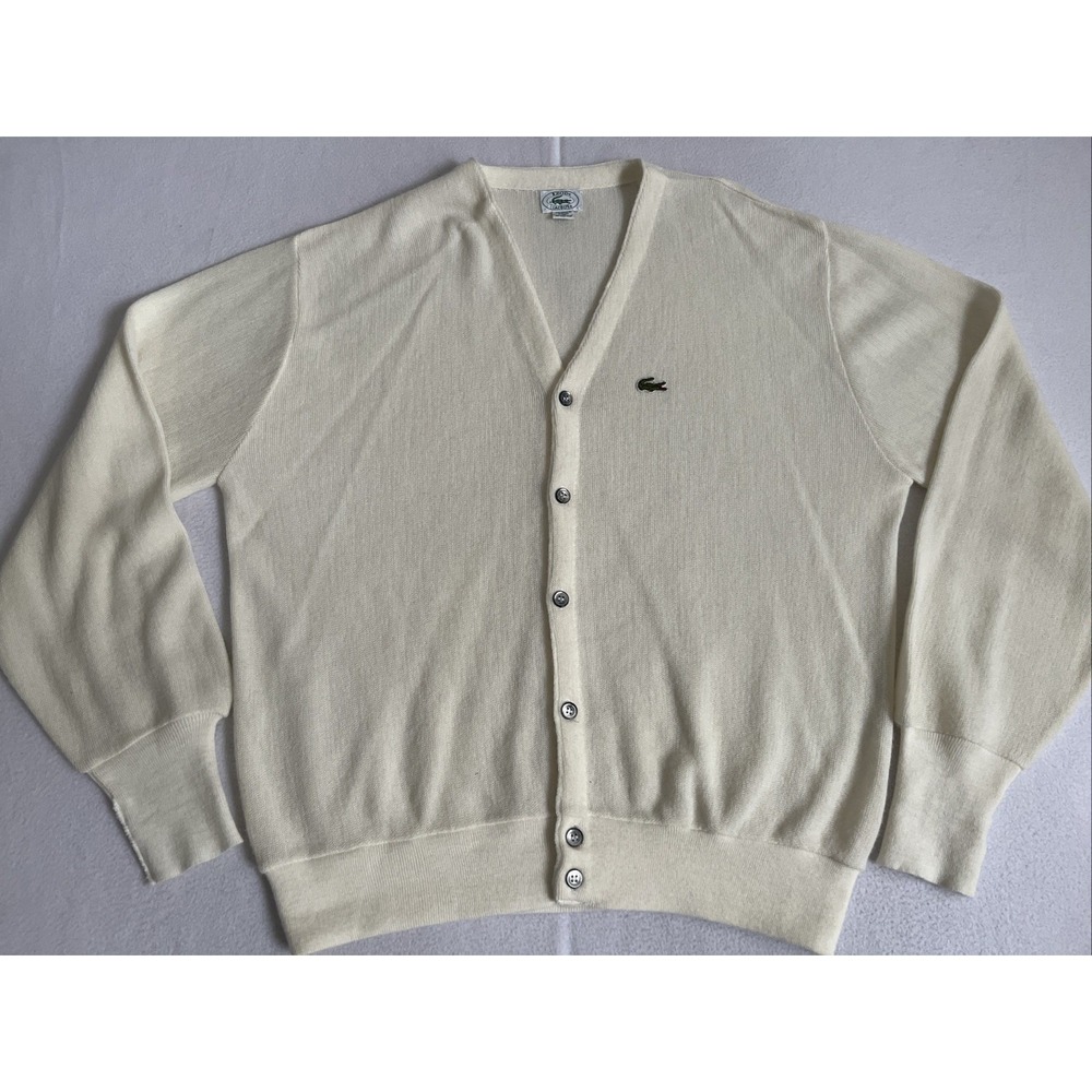 Vintage IZOD Lacoste Mens Cardigan Button Front Sweater XL Ivory 80s USA Made